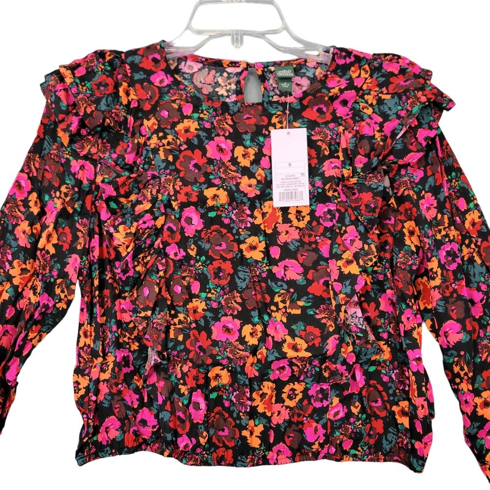 Wild Fable Black Pink Shirt Ruffled Floral Long Sleeves Blouse NEW Girls Size S
